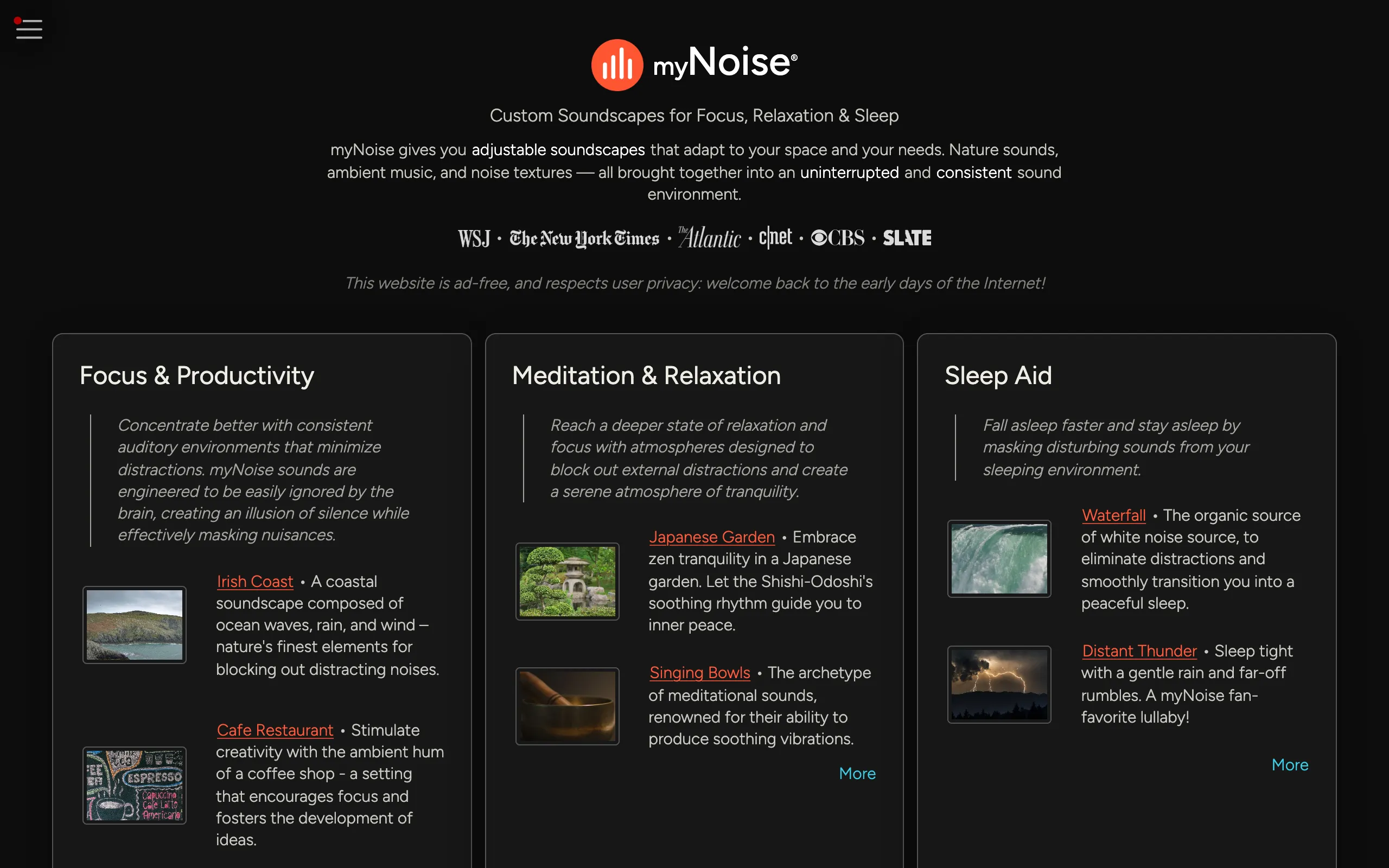 myNoise homepage