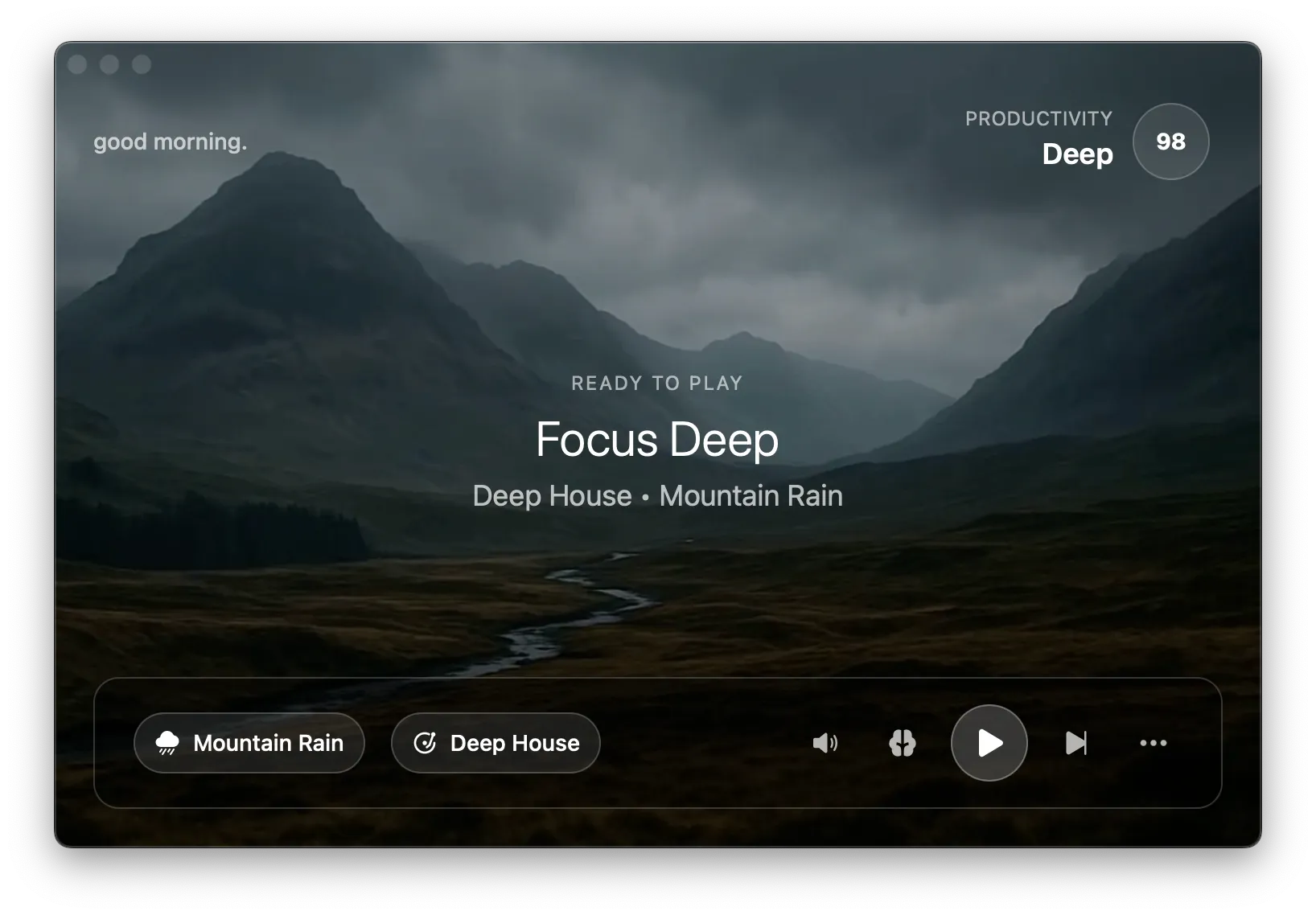 Omix app interface showing adaptive focus music