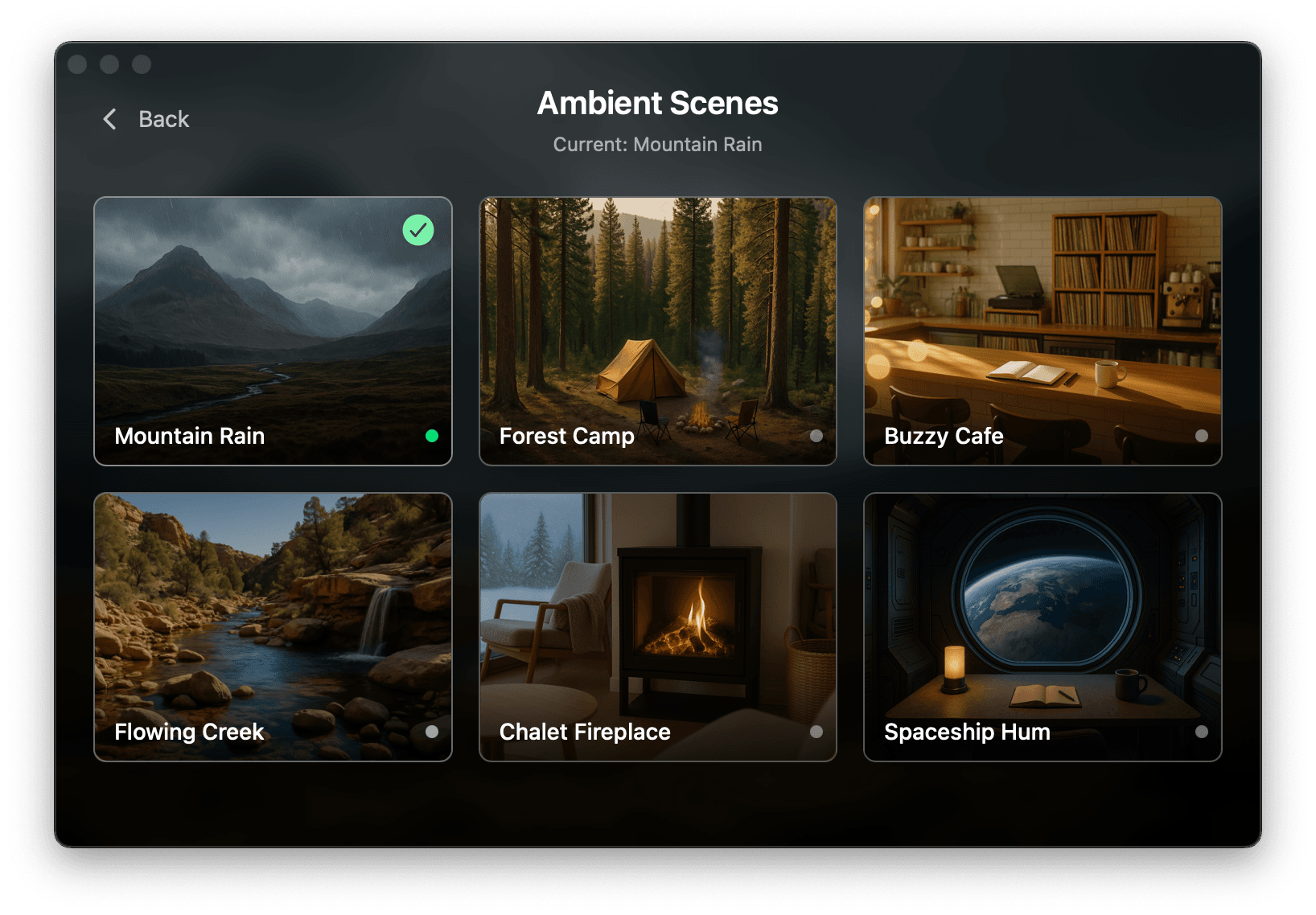 Omix ambient scene picker showing 6 scenes