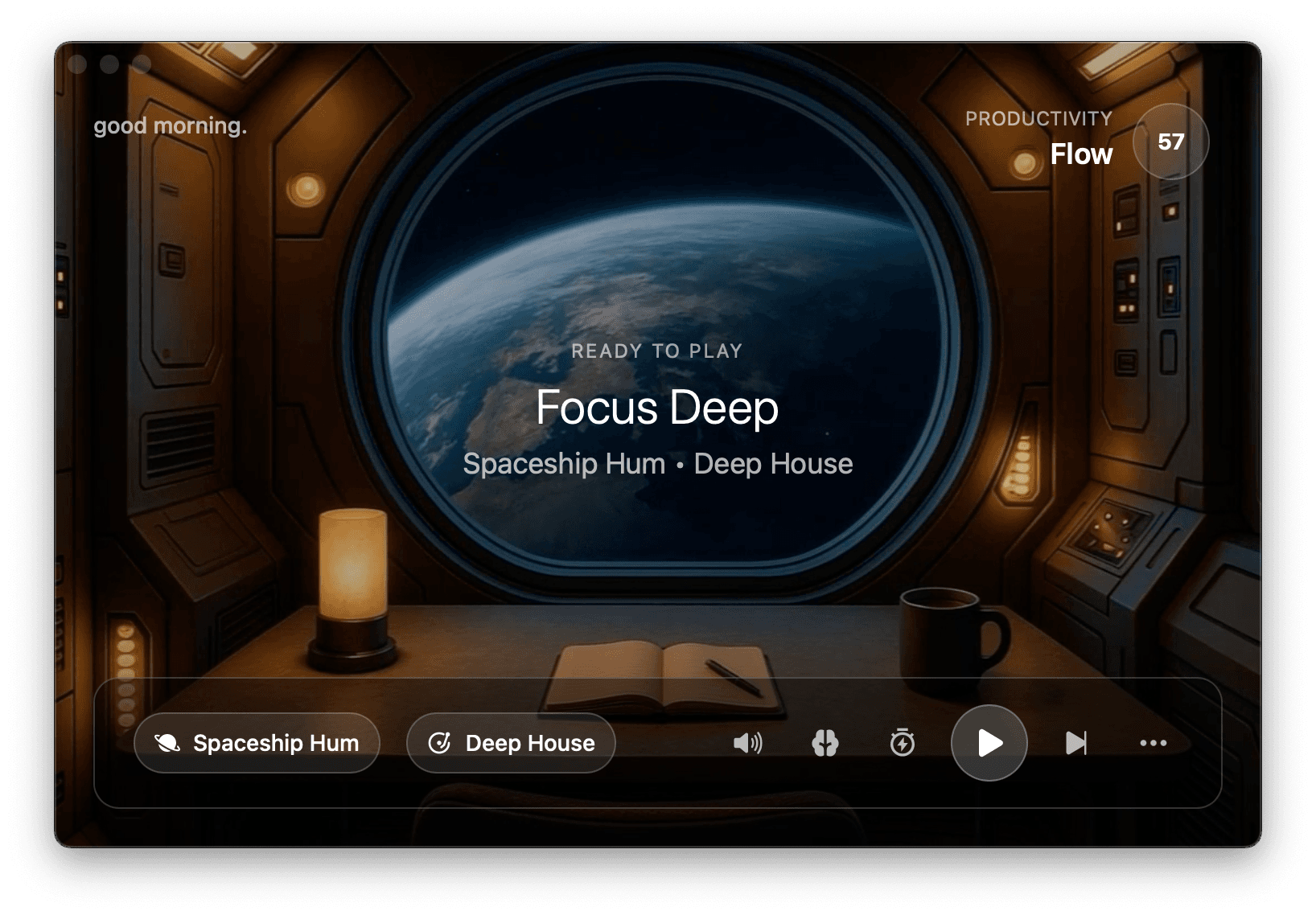 Omix main player with Spaceship Hum ambient scene and Deep House genre